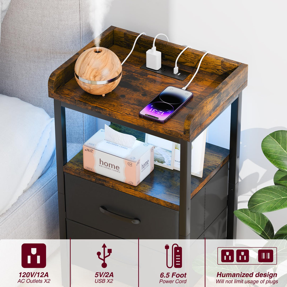 TARKARI LED nightstand with Charging Station Bedside Table with Drawers USB Side Tables Bedroom nightstands end Tables Night Stand