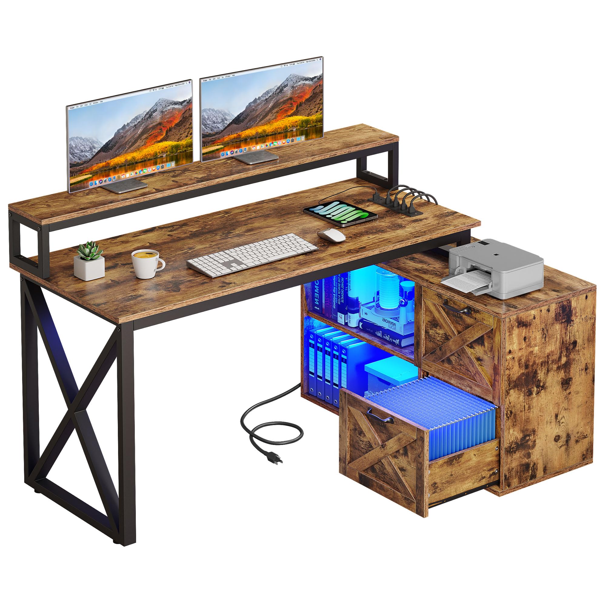 L Shaped Desk with Drawers, 55" Computer Desk with Power Outlets & LED Lights