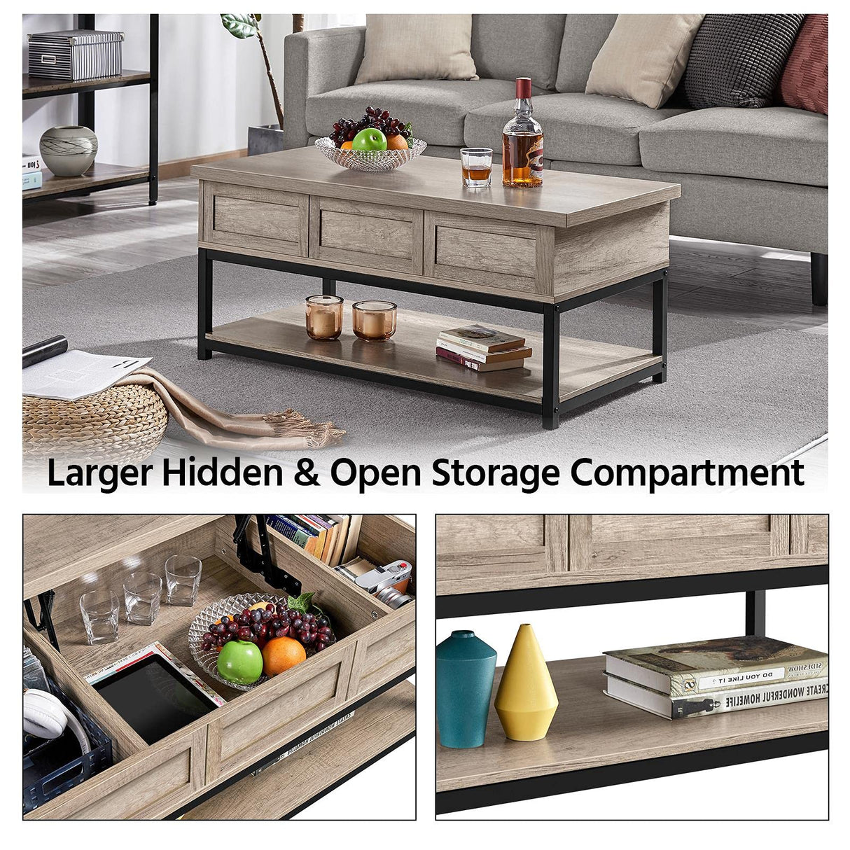 Lift Top Coffee Table with Hidden Compartments & Open Shelf