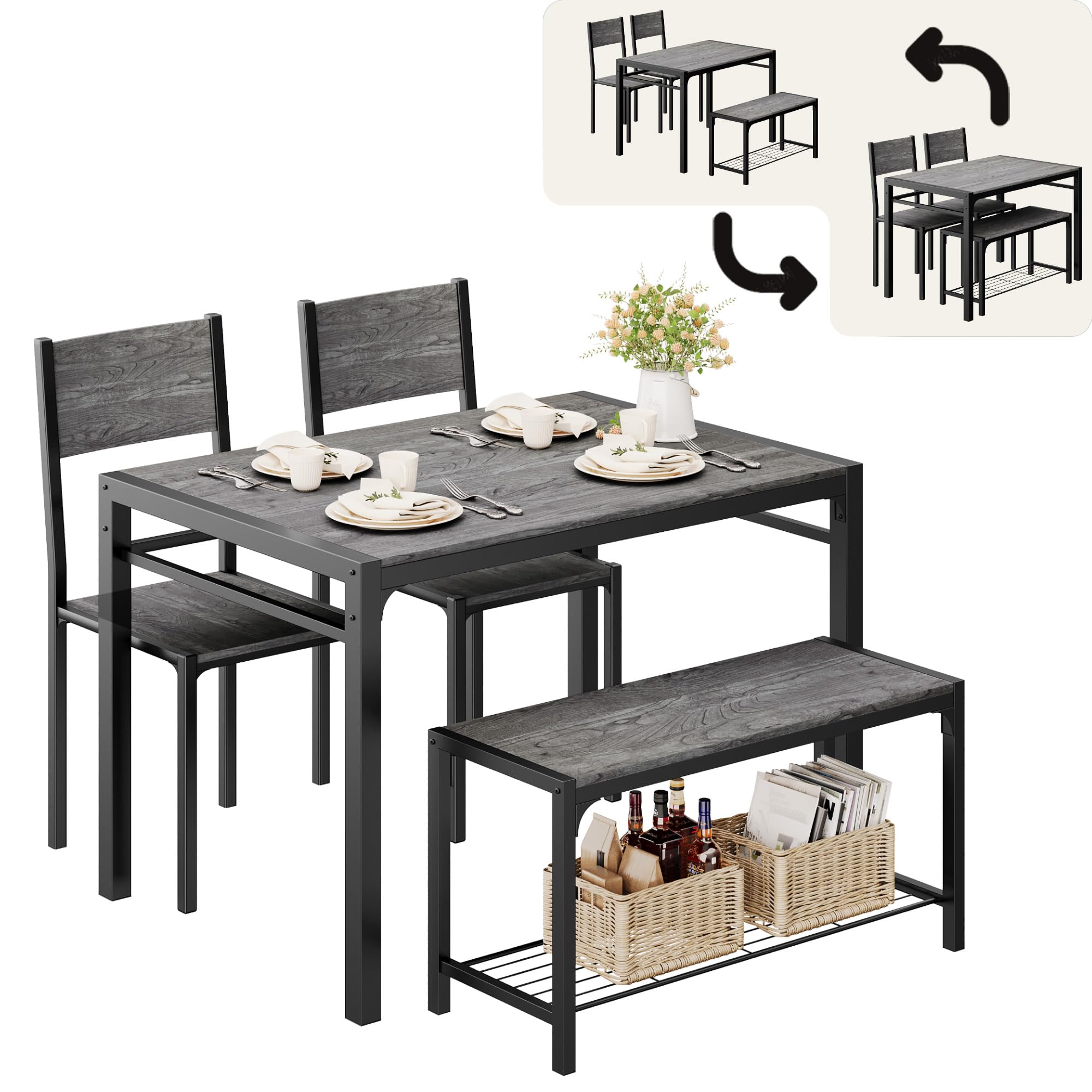 4-Piece Dining Set - Table, Chairs & Bench