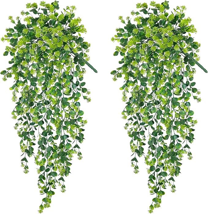 Fake Hanging Plants, 2pcs Lifelike Artificial Eucalyptus Greenery for Spring Summer
