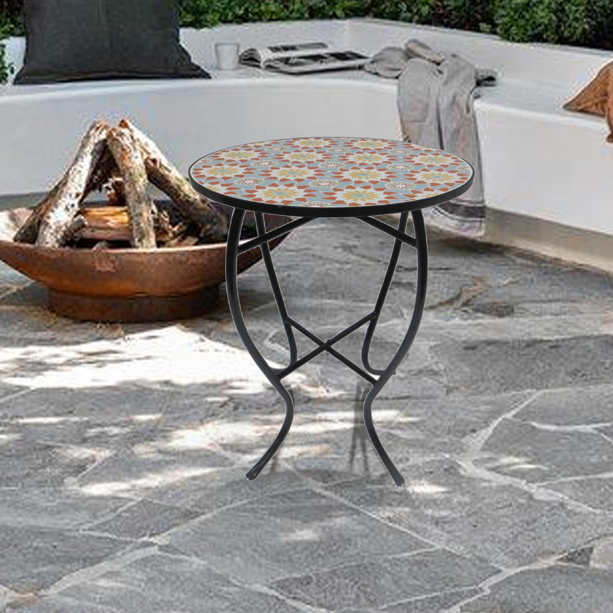 Outdoor Side Table Mosaic 14 Inch Round Accent Table Plant Stand with Concrete Tile Top