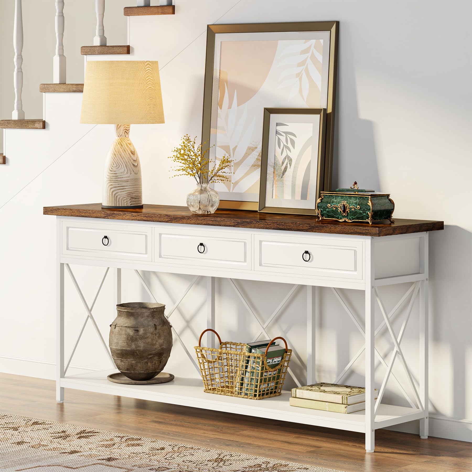 70.8" Console Table with 3 Drawers, Farmhouse Entryway Table with Storage Shelf