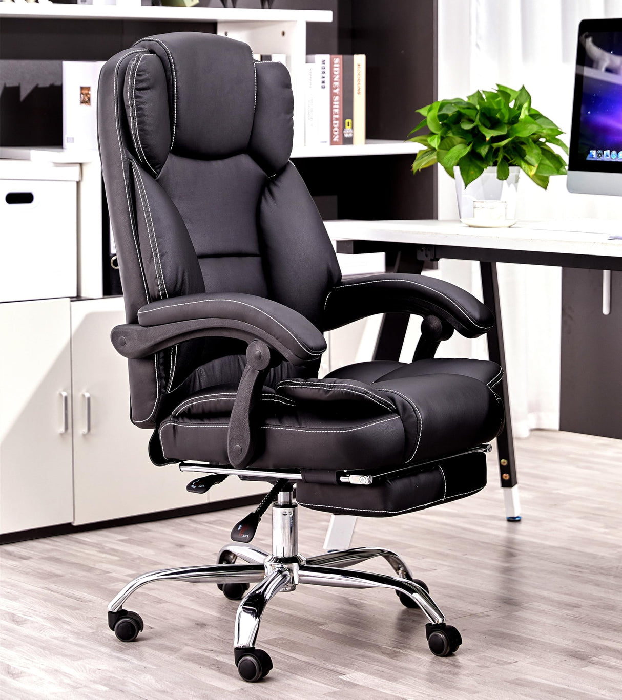 Adjustable Executive Chair, Reclining Office Chair with Footrest, APU Leather, Black