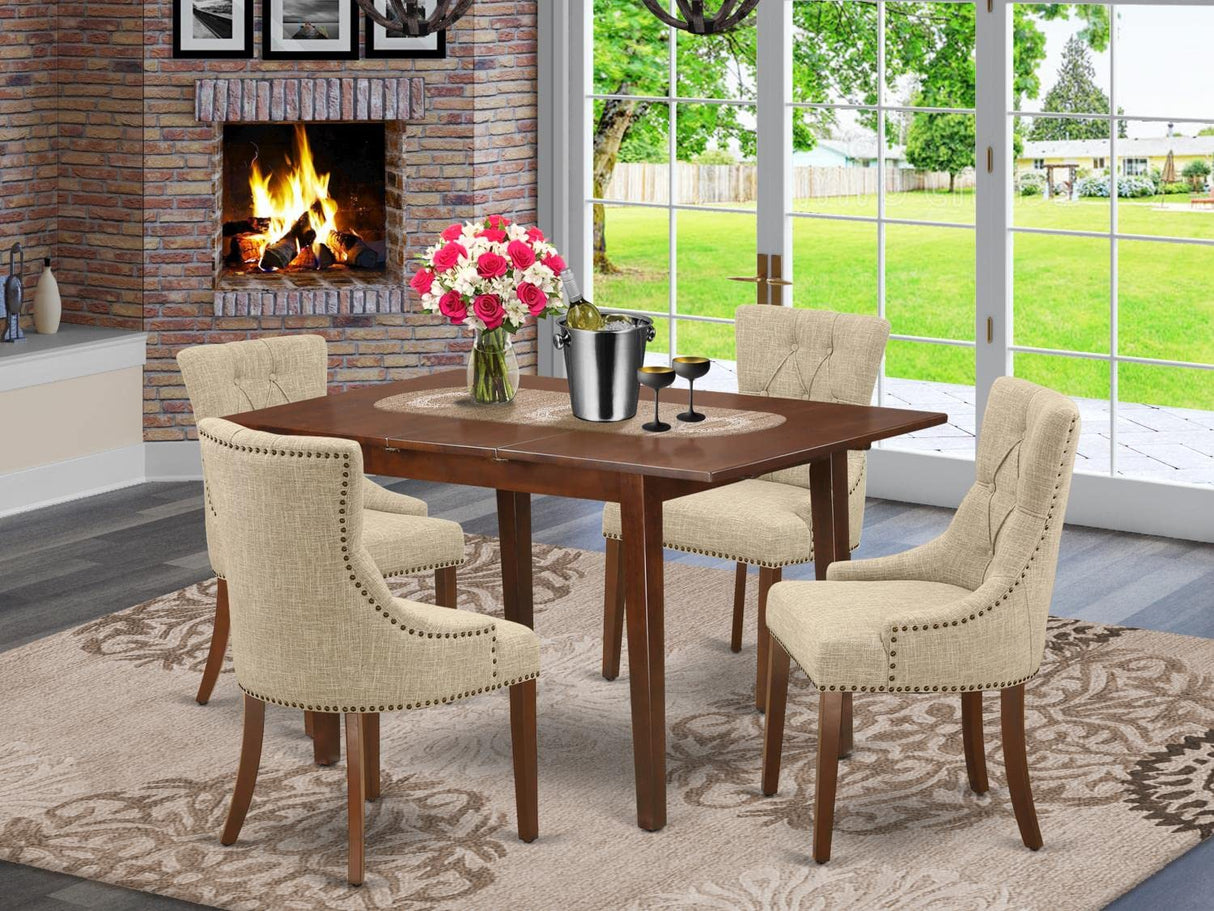 NOFR5-MAH-05 5Pc Dining Set Includes a Rectangle Dinette Table with Butterfly Leaf and Four Parson Chairs with Doeskin Fabric, Mahogany Finish