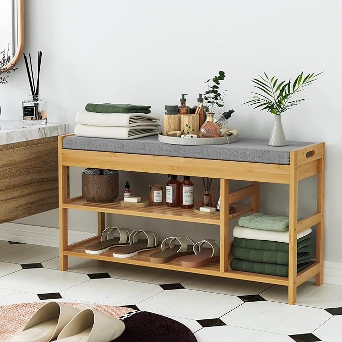 Bamboo Shoe Bench Rack with Storage, Entryway Storage Bench with Padded Seat