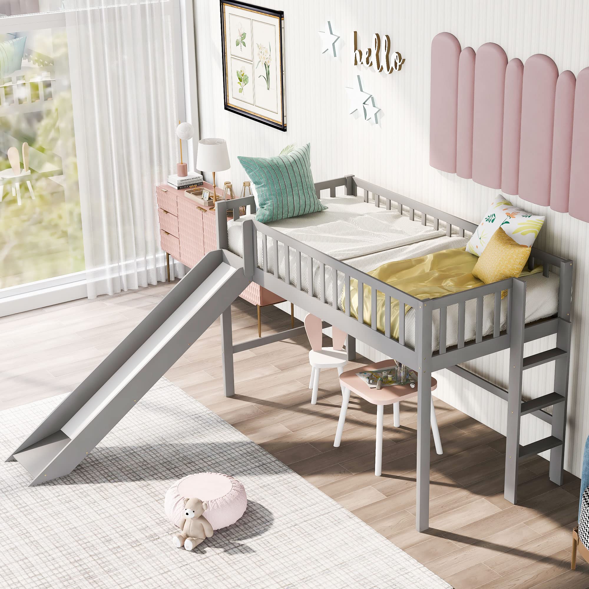 Twin Loft Bed with Slide,Wood Loft Bed Low Profile