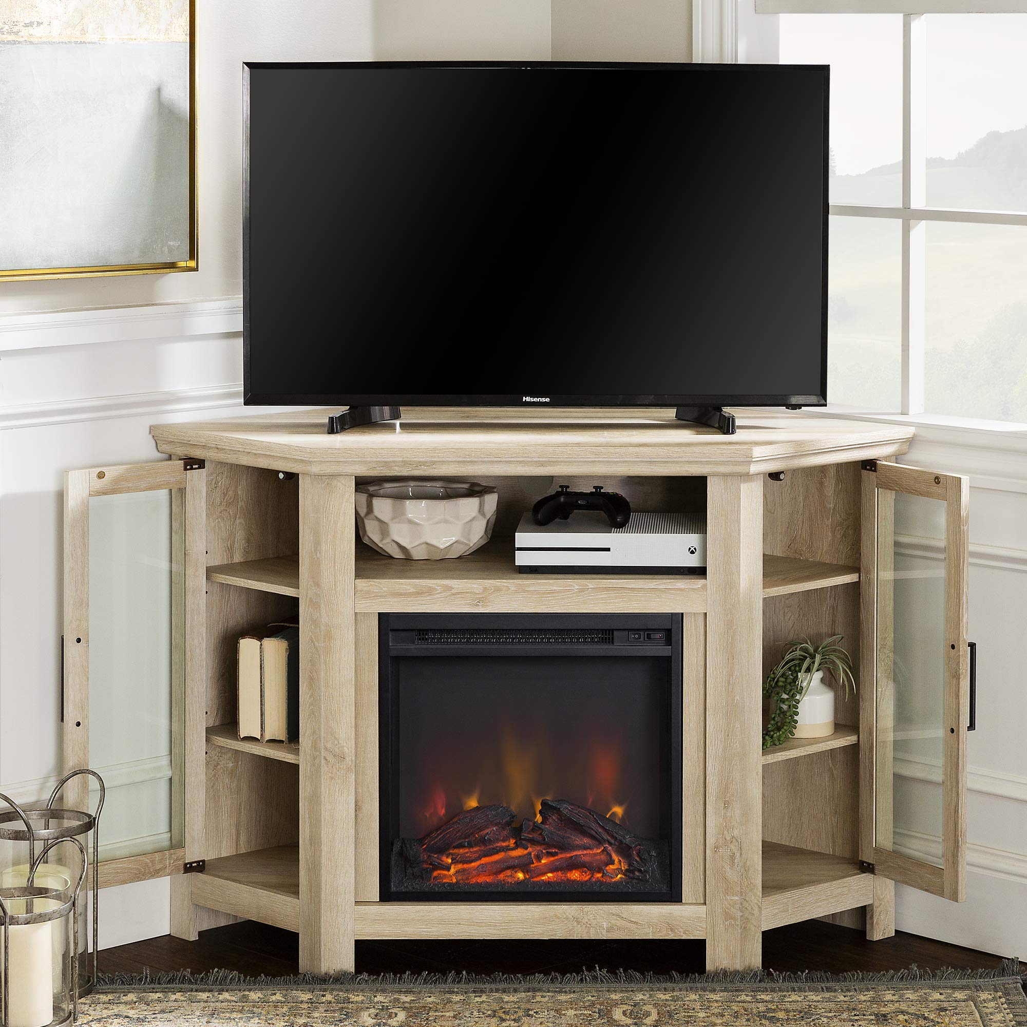 Classic Glass Door Fireplace Corner TV Stand for TVs up to 55 Inches, 48 Inch, White Oa