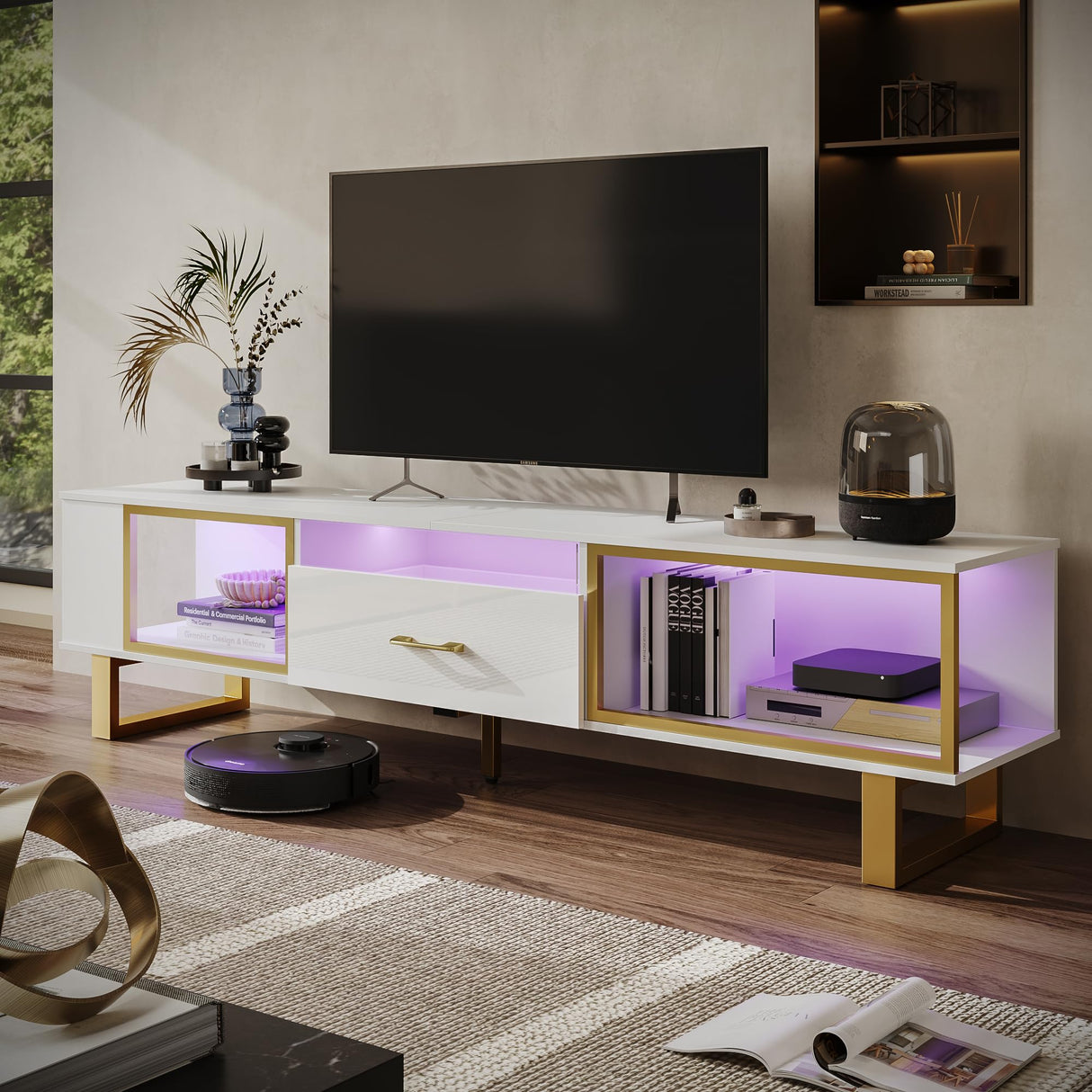 TV Stand with LED Light for TVs up to 80 inch, Modern Entertainment Center with Open