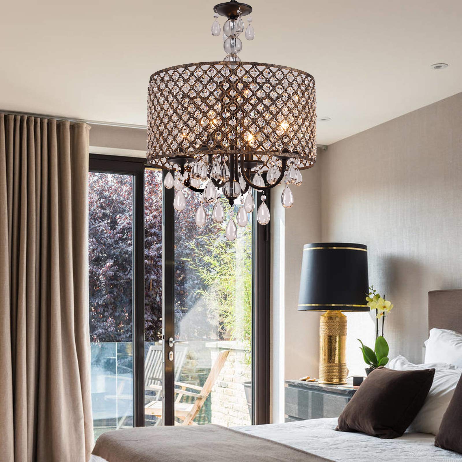 Modern Round Crystal Chandelier,Antique Beaded Drum Shade Copper Bronze 4 Lights