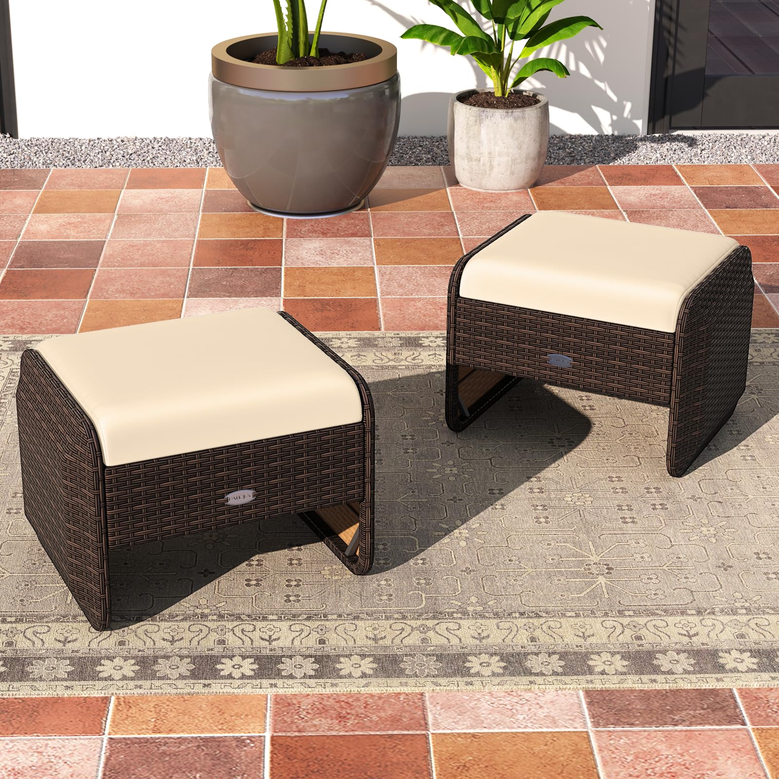 Wicker Outdoor Ottomans for Patio - 2-Piece Rattan Footstools w/Removable Cushions