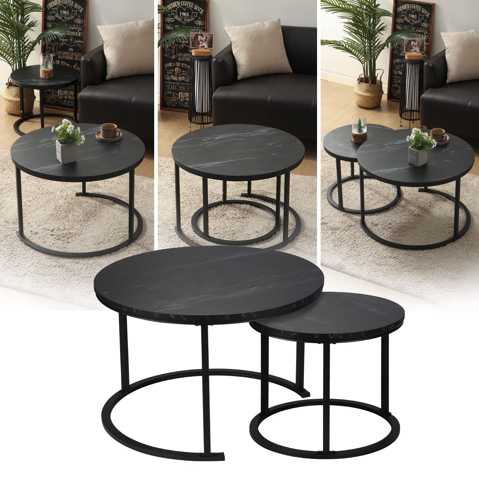 Round Nesting Coffee Table 27" Wood and Metal Stacking Coffee Tables