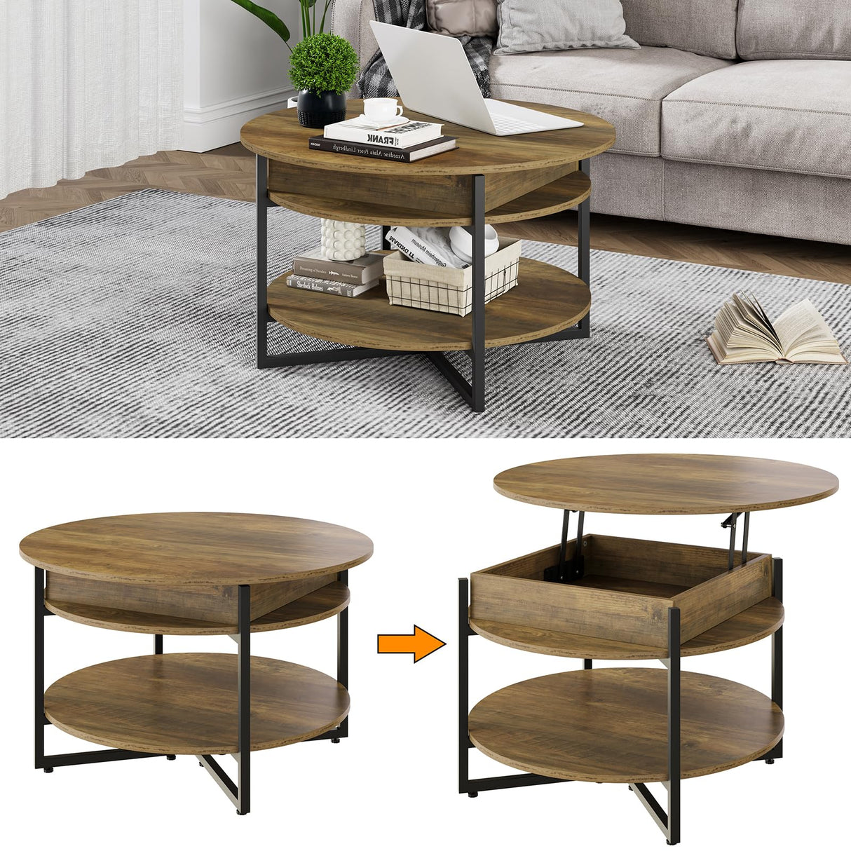 Wood Lift Top Circular Coffee Table with Hidden Compartment 31.5" D x 31.5" W x 17.35" H