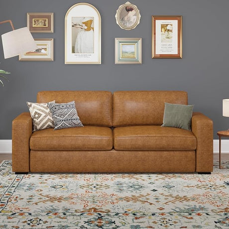 Mid-Century Modern 3-Seater Faux Leather Sofa with Deep Seats,Comfy Couch for Living