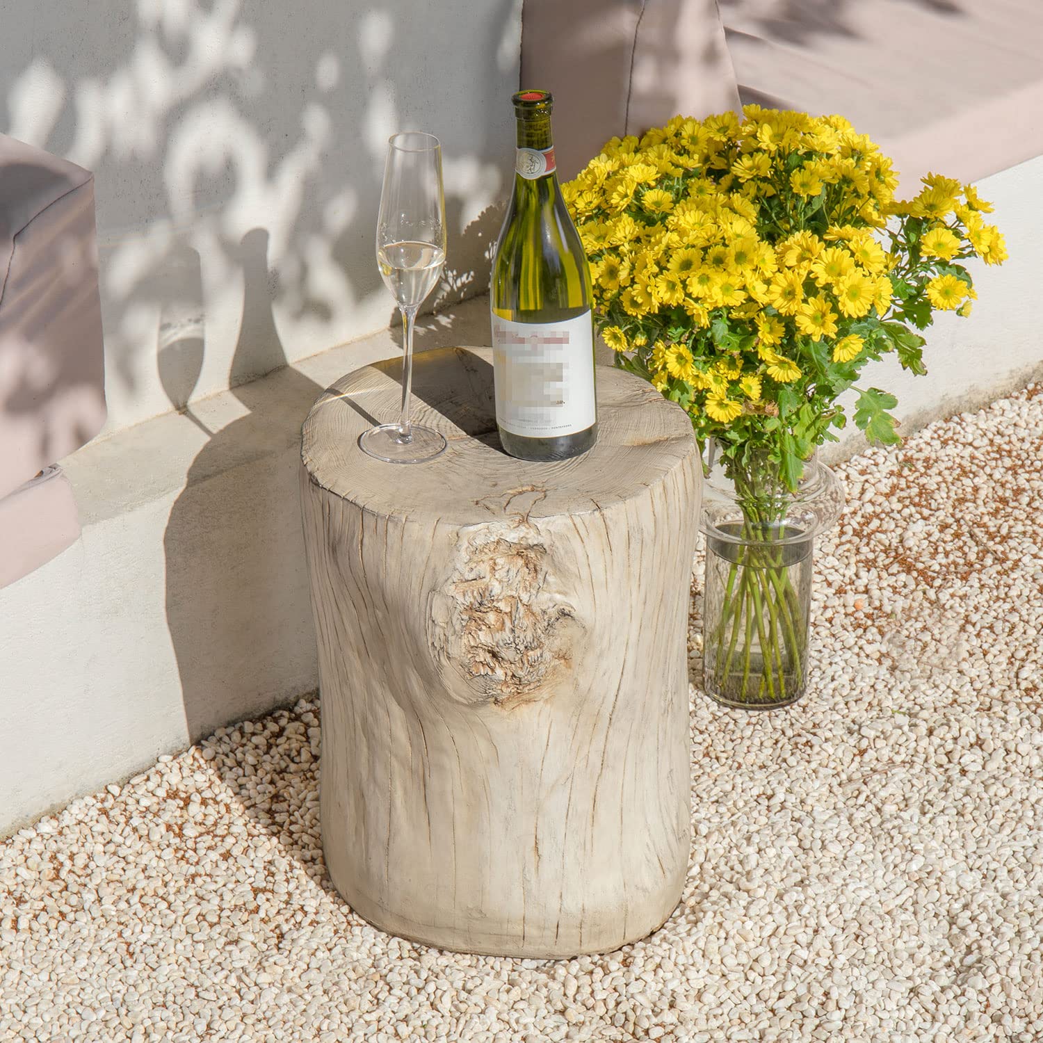 COSIEST 2 Pieces Outdoor Antique Beige Side Table Faux Wood, Hand - Painted Wood Stump Stool, Ottomans, Plant Stand, Deck or Garden - Bircata
