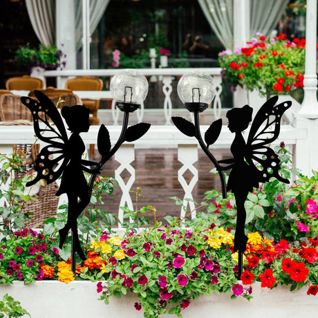 2 Pack Solar Fairy Garden Decor, Metal Fairy Statues with Crackle Glass Globe