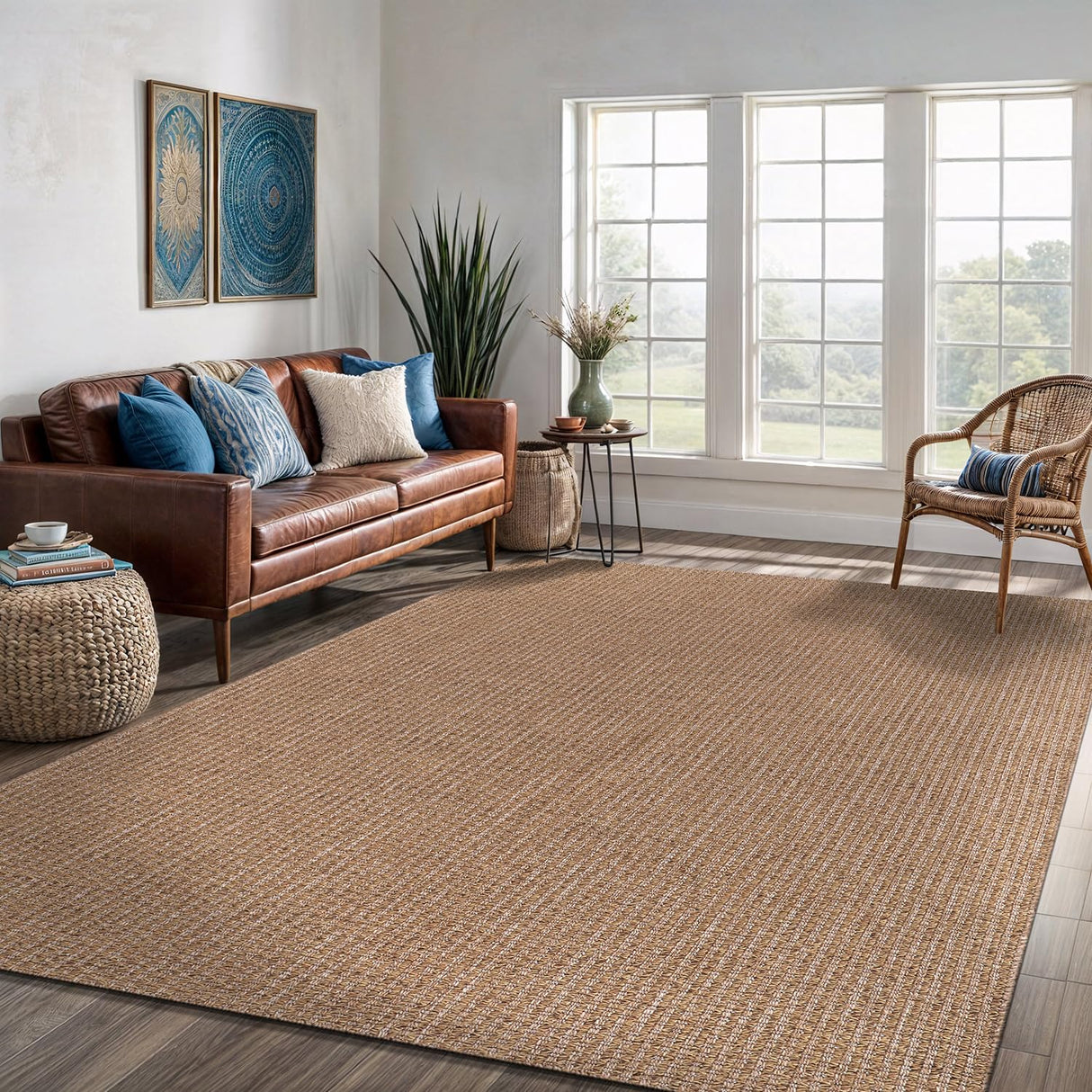 Easy Jute Rug 9x12, Indoor Outdoor Natural Color Farmhouse Area Rugs for Living Room