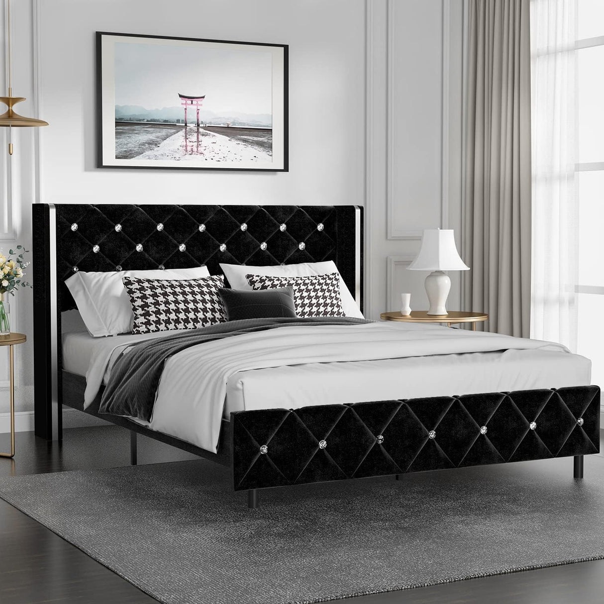 Full Size Bed Frame, Upholstered Bed Frame with Diamond Headboard,