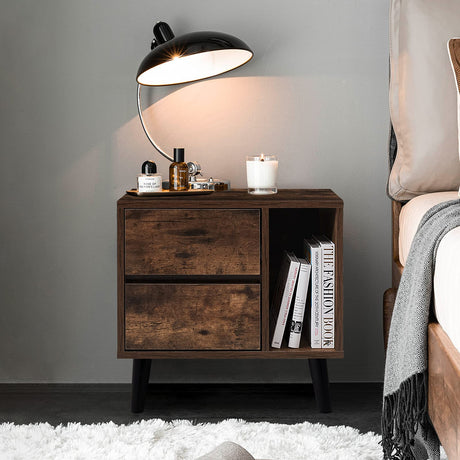 Set of 2 Modern Nightstand with 2 Drawers, Open Storage & Solid Wood Legs, Bedside