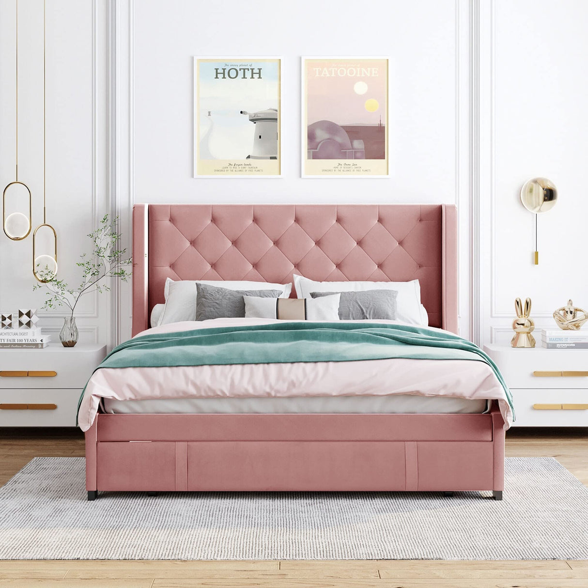 Queen Size and Velvet Upholstered Platform Bed Beige
