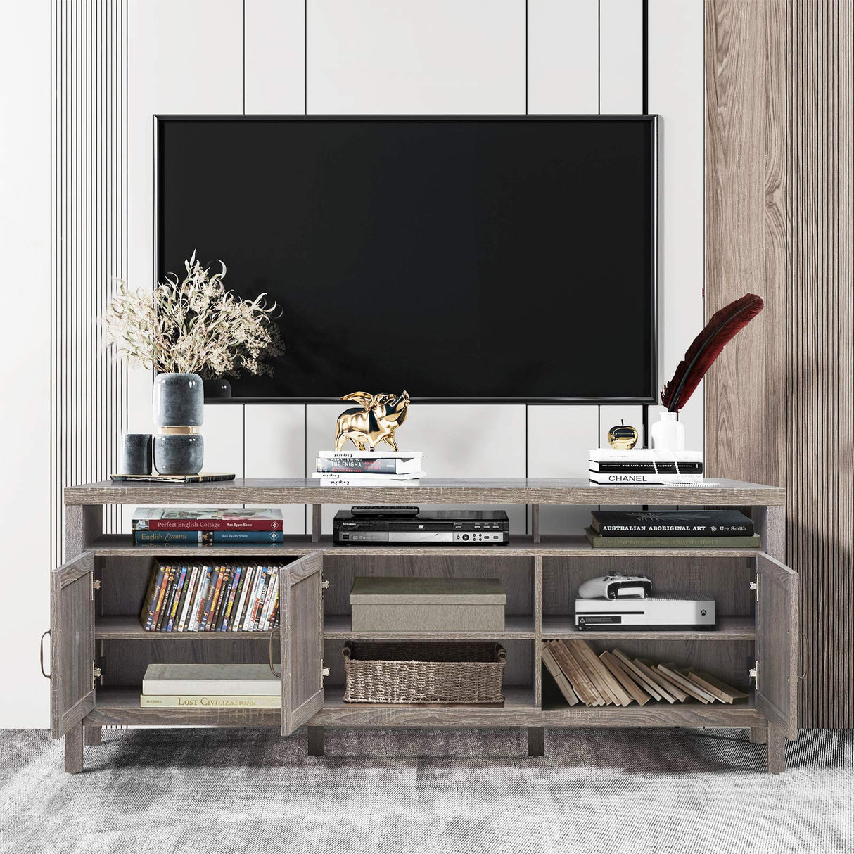 TV Stand, 62" Modern Boho Entertainment Center for TVs up to 65/70 Inches, Adjustable Shelves,