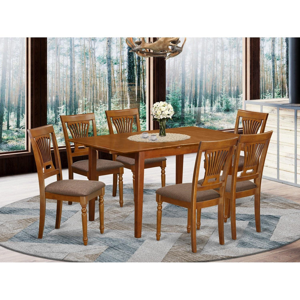 East West Furniture PSPL7-SBR-C 7 Piece Set Consist of a Rectangle Dining Room Table with Butterfly Leaf and 6 Linen Fabric Upholstered Chairs, 32x60 Inch