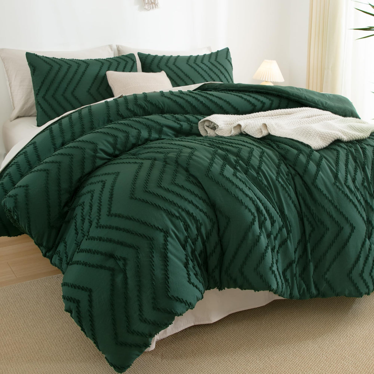 Comforter King Size Set Dark Emerald Green, 3 Pieces Lightweight Tufted Solid Forest Green Bedding Sets,