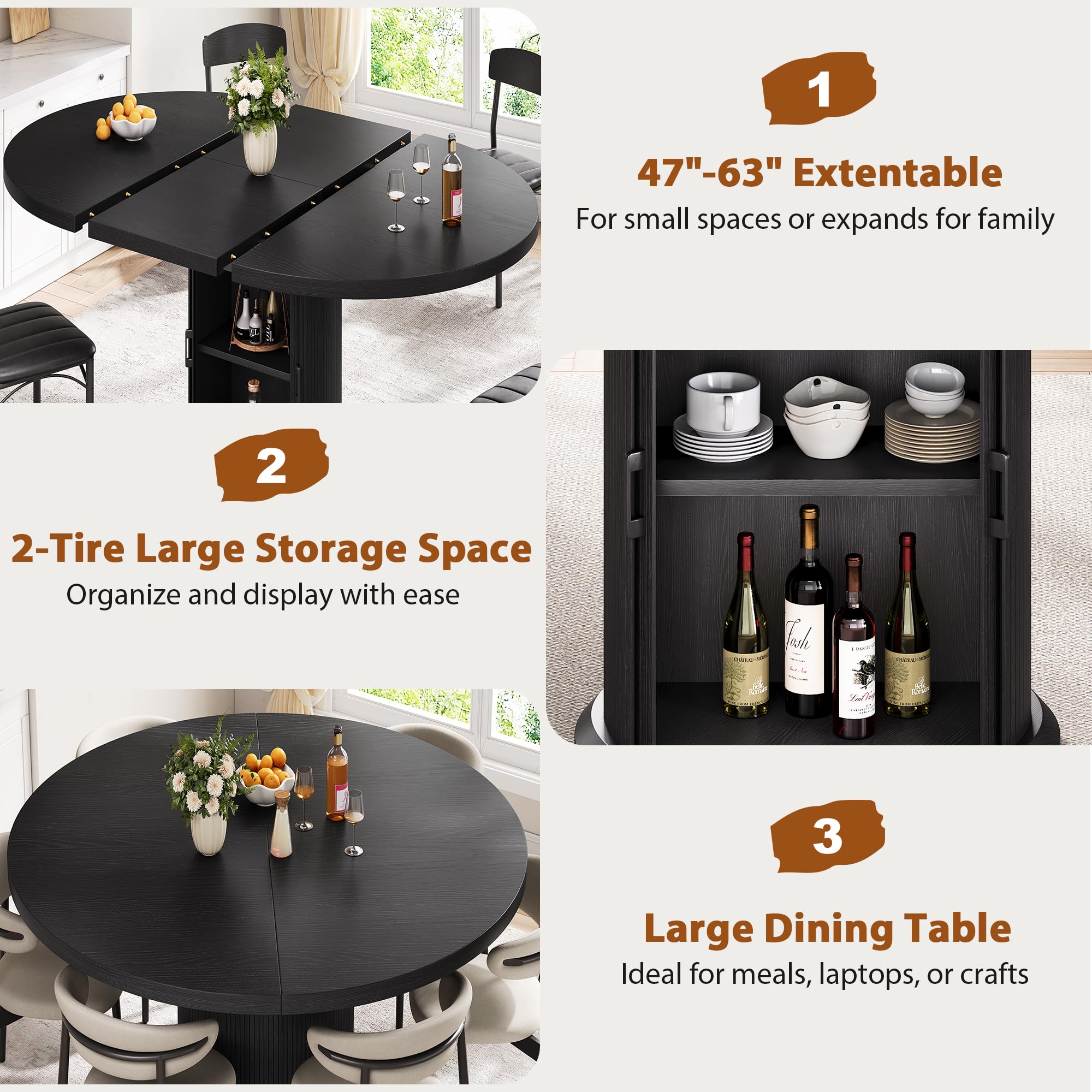63" Extendable Round Dining Table for 4-6 with Storage Shelf