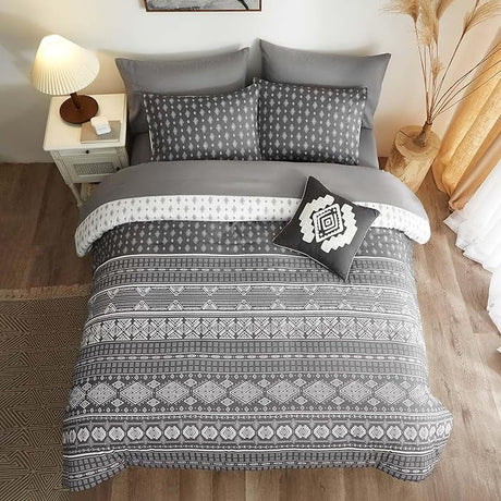 Queen Comforter Set, Boho Bed in a Bag 7PCS, Grey Reversible Aztec Pattern,