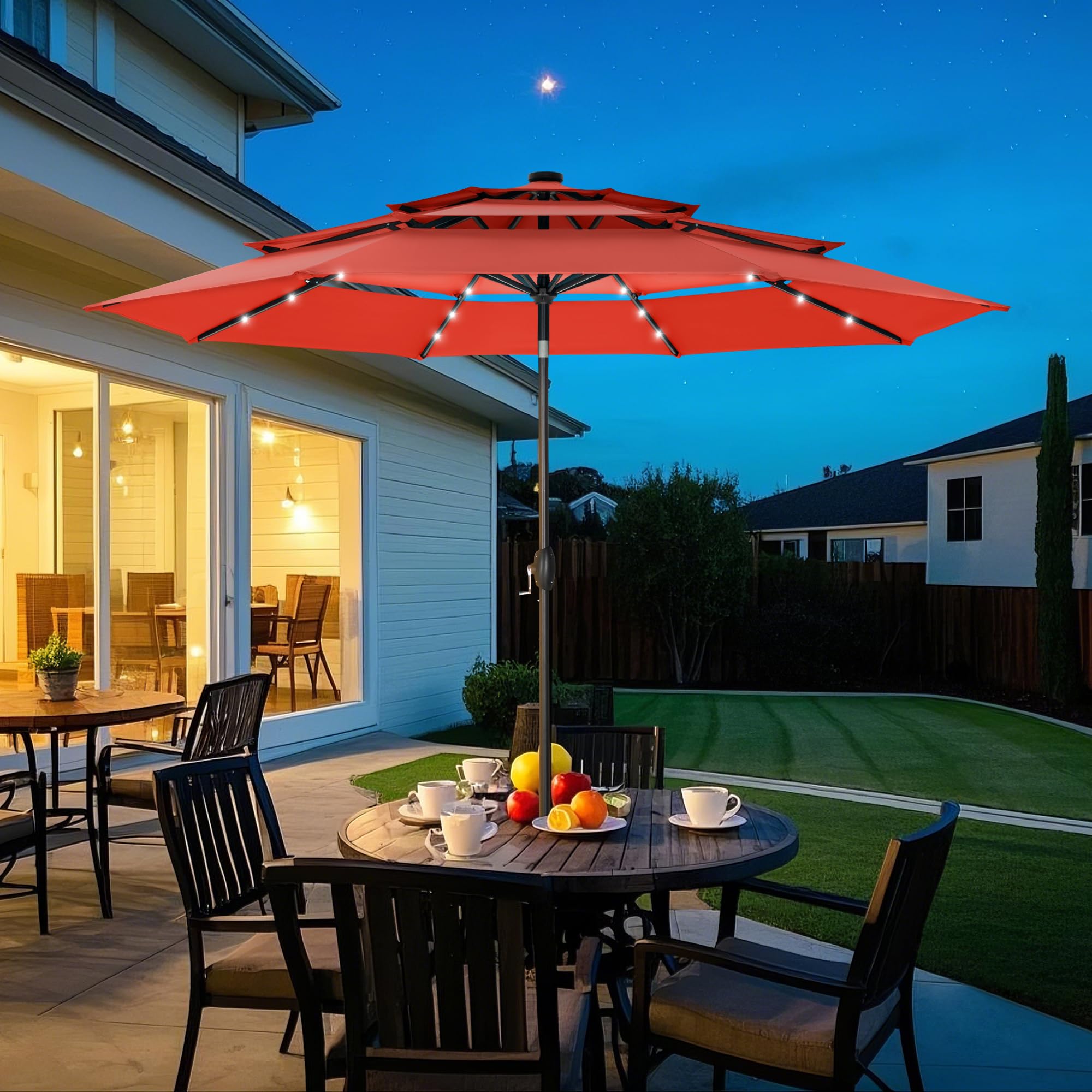 10ft 3 Tier Solar Patio Umbrella, Outdoor Market Umbrellas with 24 LED Lights, Auto-tilt