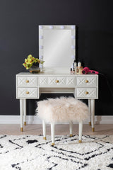 Makeup Vanity Two Piece Set with Lighted Glam Mirror Accents, White and Gold