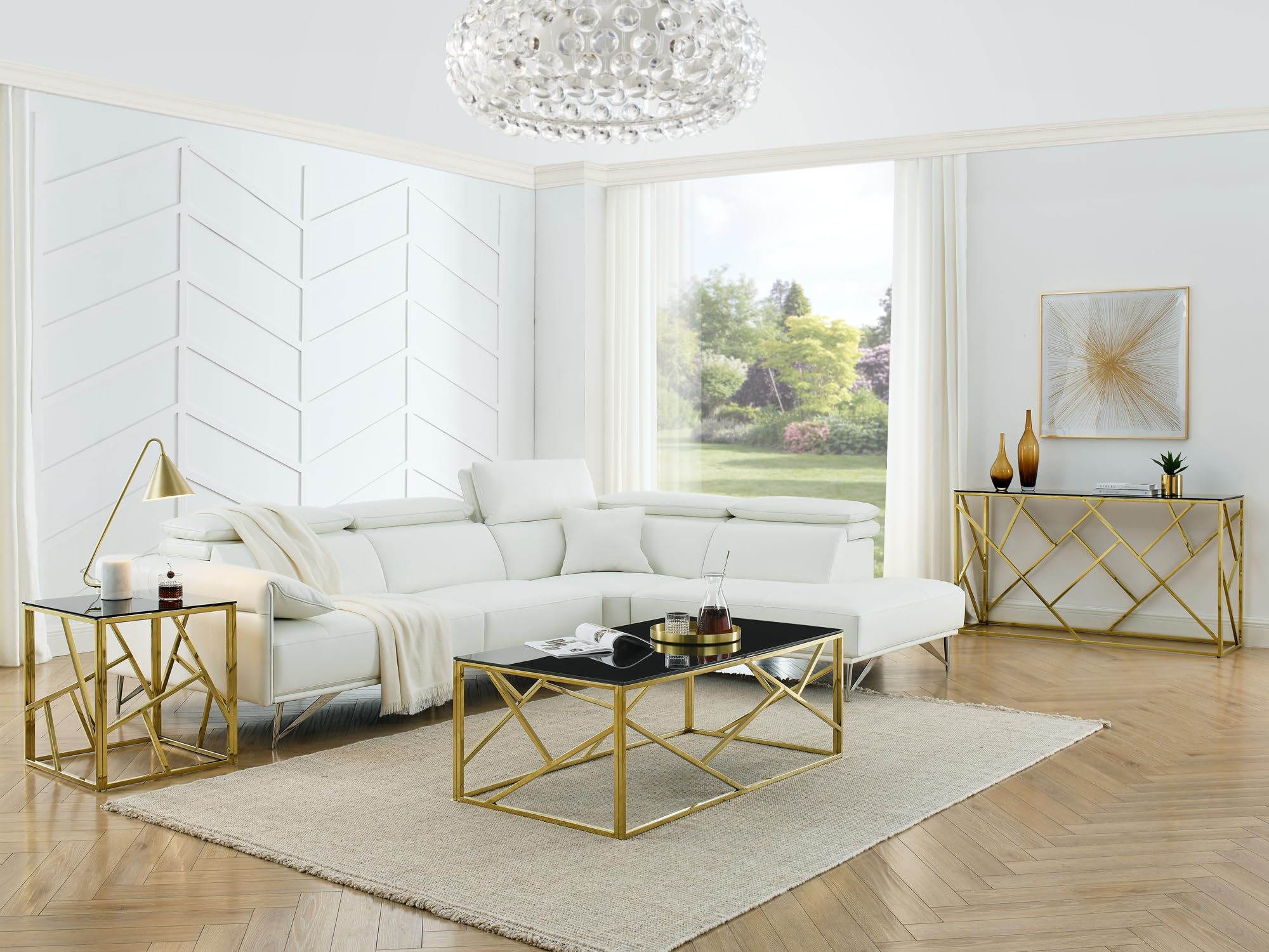 Modern Black Glass Console Table, Luxury 55" Rectangular Sofa Table with Gold