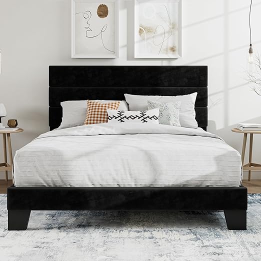 Queen Platform Bed Frame with Upholstered Fabric Headboard, Mattress Foundation