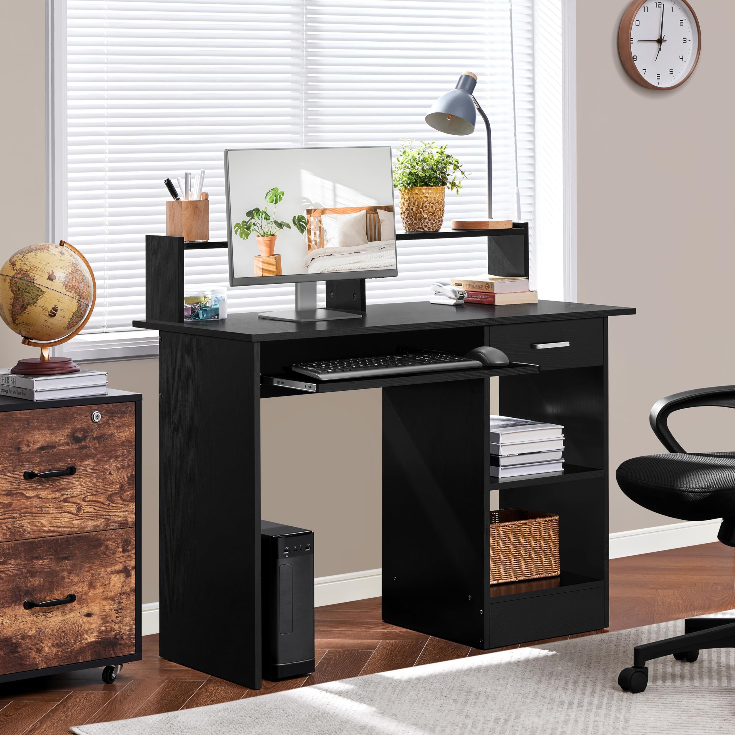 Home Office Wood Computer Desk with Drawers and Pull-Out Keyboard Tray