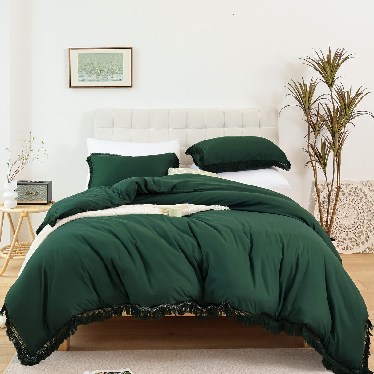 Queen Comforter Set Emerald Green 3Pcs Tassel Boho Bohemian Cute Soft Tufted Microfiber