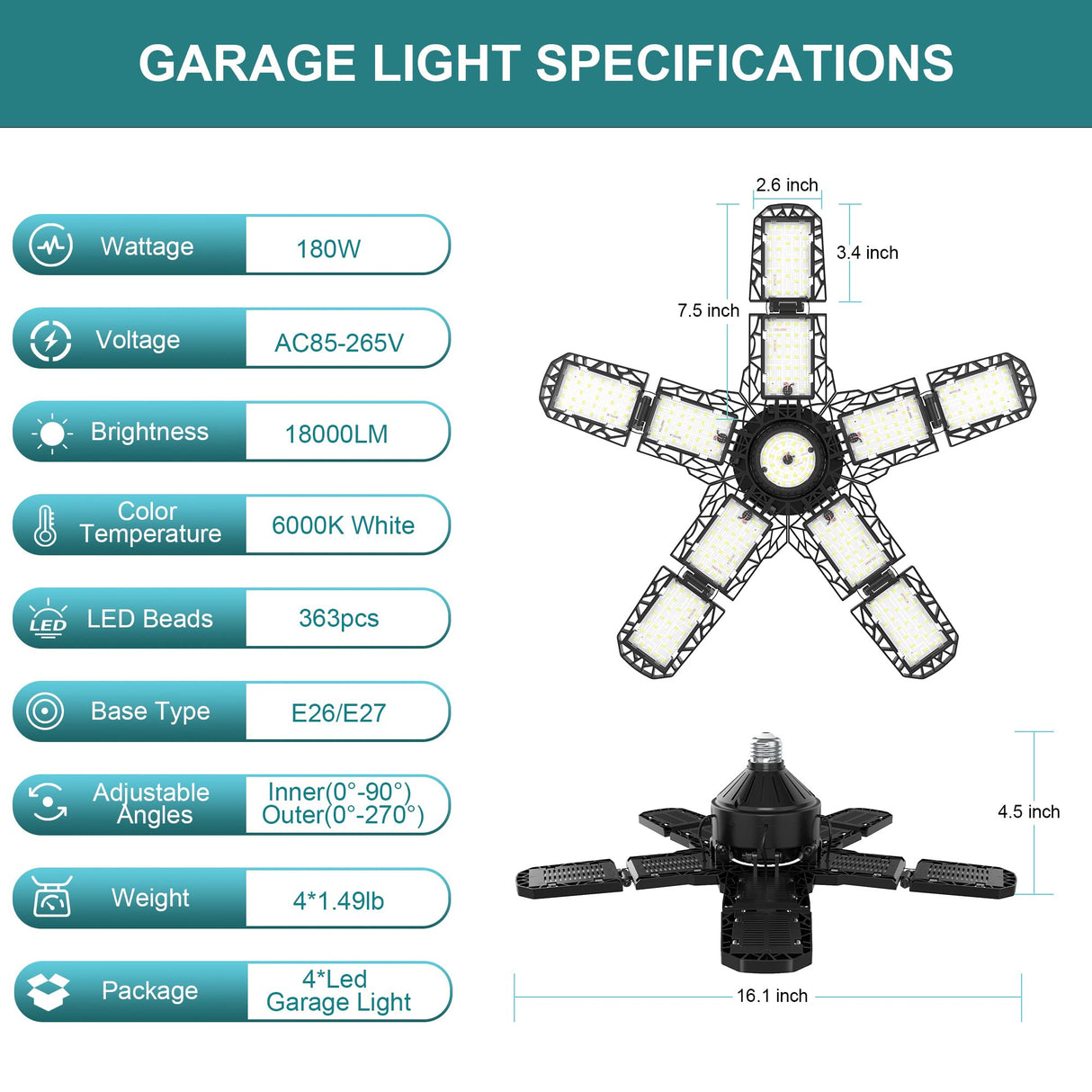 4-Pack LED Garage Light 180W - Deformable Shop Ceiling Lights
