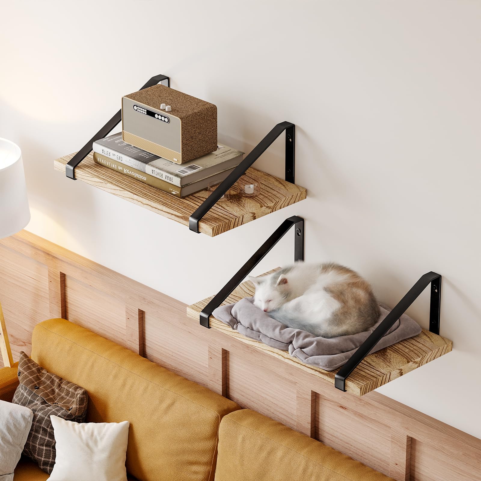 12 Inch Deep Floating Shelves, Rustic Wood Large Wall Mounted Shelves for Decor