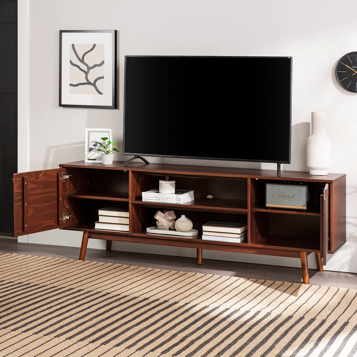 Walker Edison Emery Mid Century Modern Solid Wood TV Stand for TVs up to 80 Inches 70 Inch Walnut