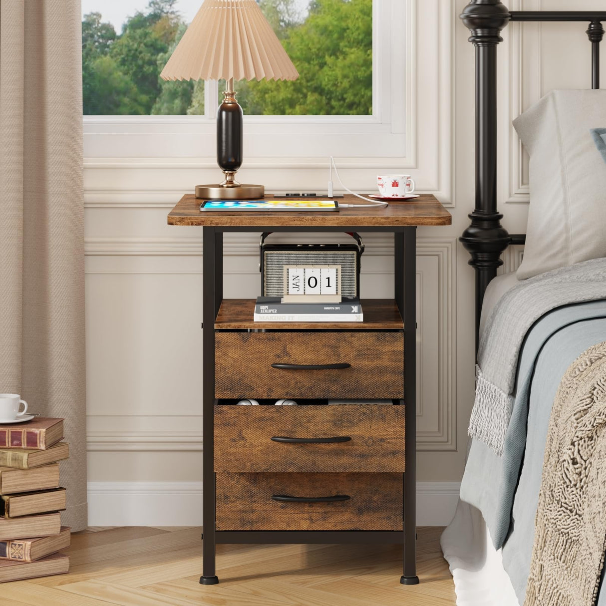 GYIIYUO Night Stand Set 2 with 19'' D Larger Tabletop and 3 Fabric Drawer, Bedside Tables with Fast Charging Station, Spacious Storage, Large Side Tables for Bedroom, Rustic Brown