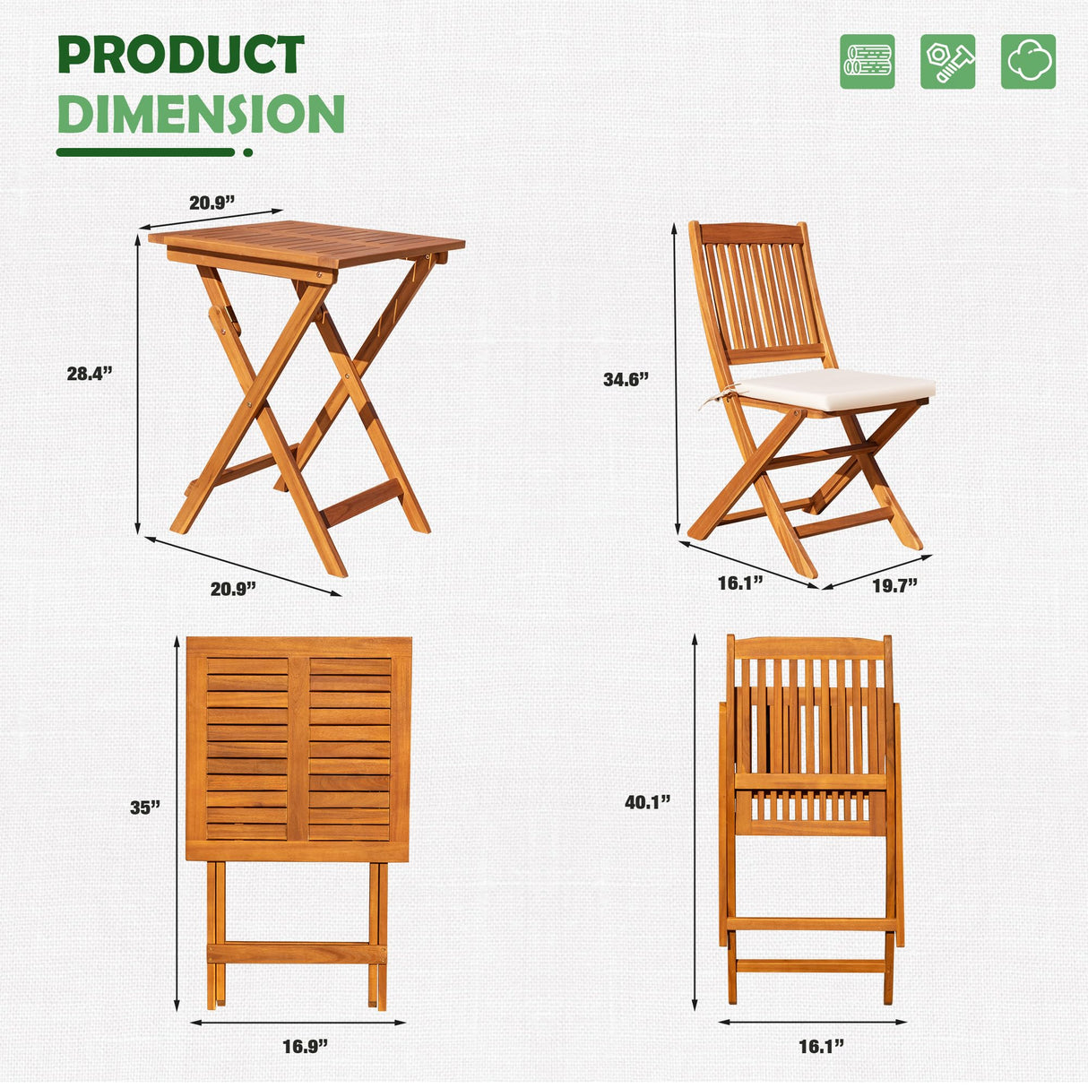 3 Piece Patio Folding Furniture Bistro Set with 2 Chairs