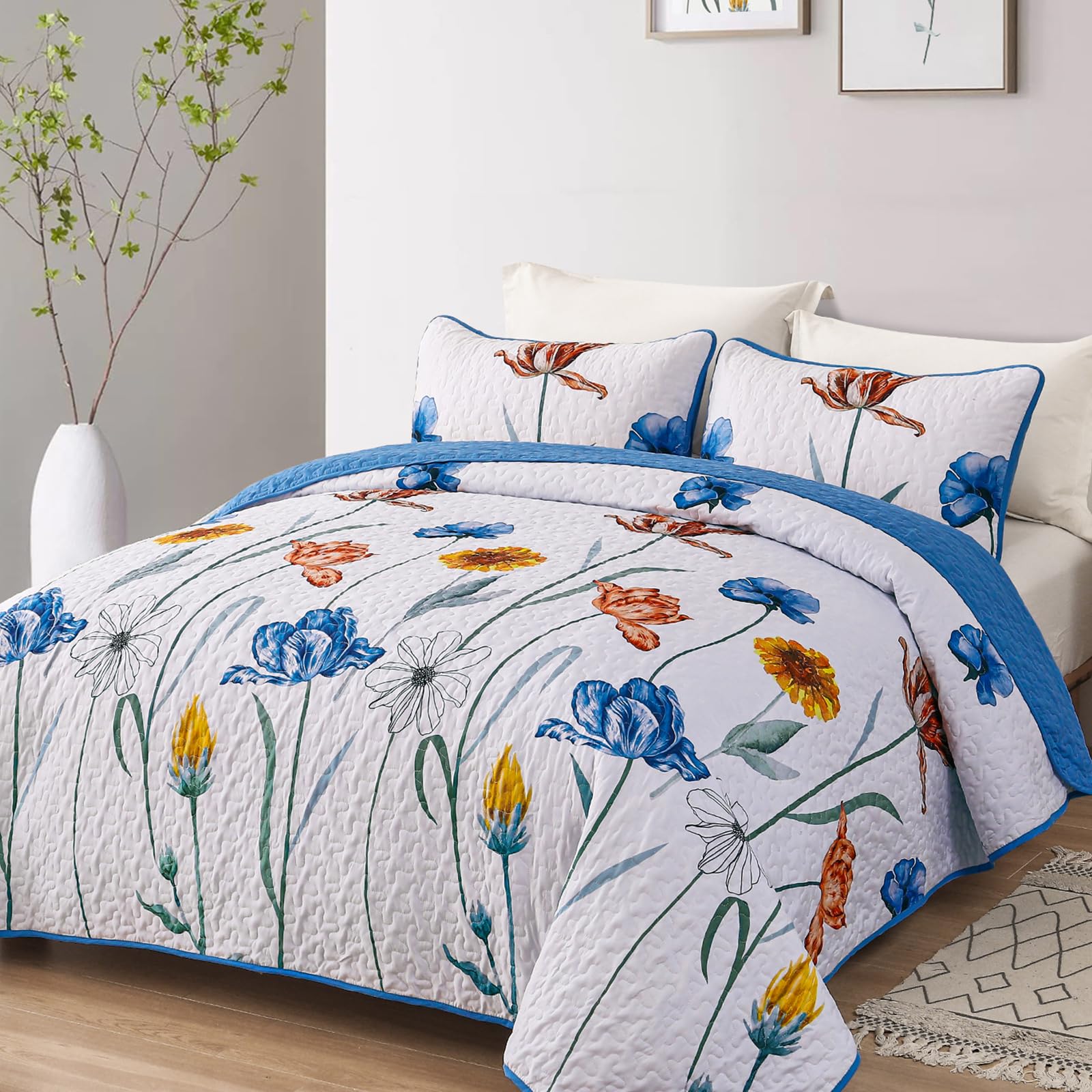 Blue Floral Quilt Set Queen Size,Blue Botanical Printed Bedspread Coverlet Set