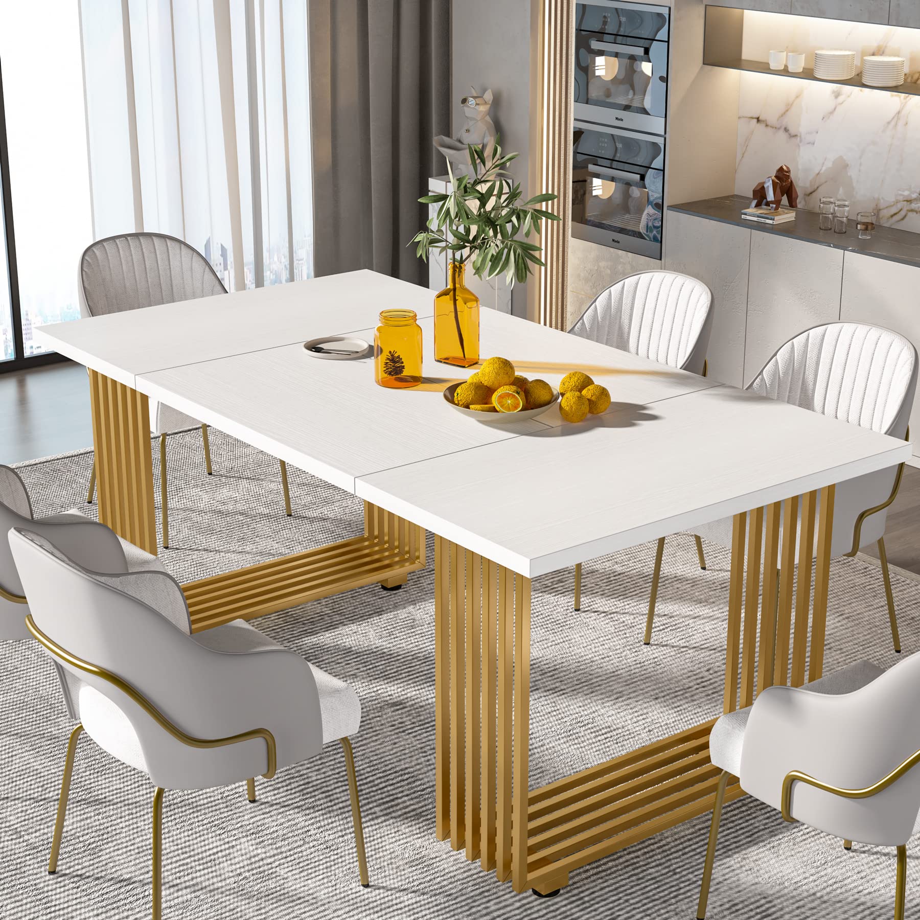 70.8" Modern Dining Table for 6-8 People - White Wood with Gold Metal Legs