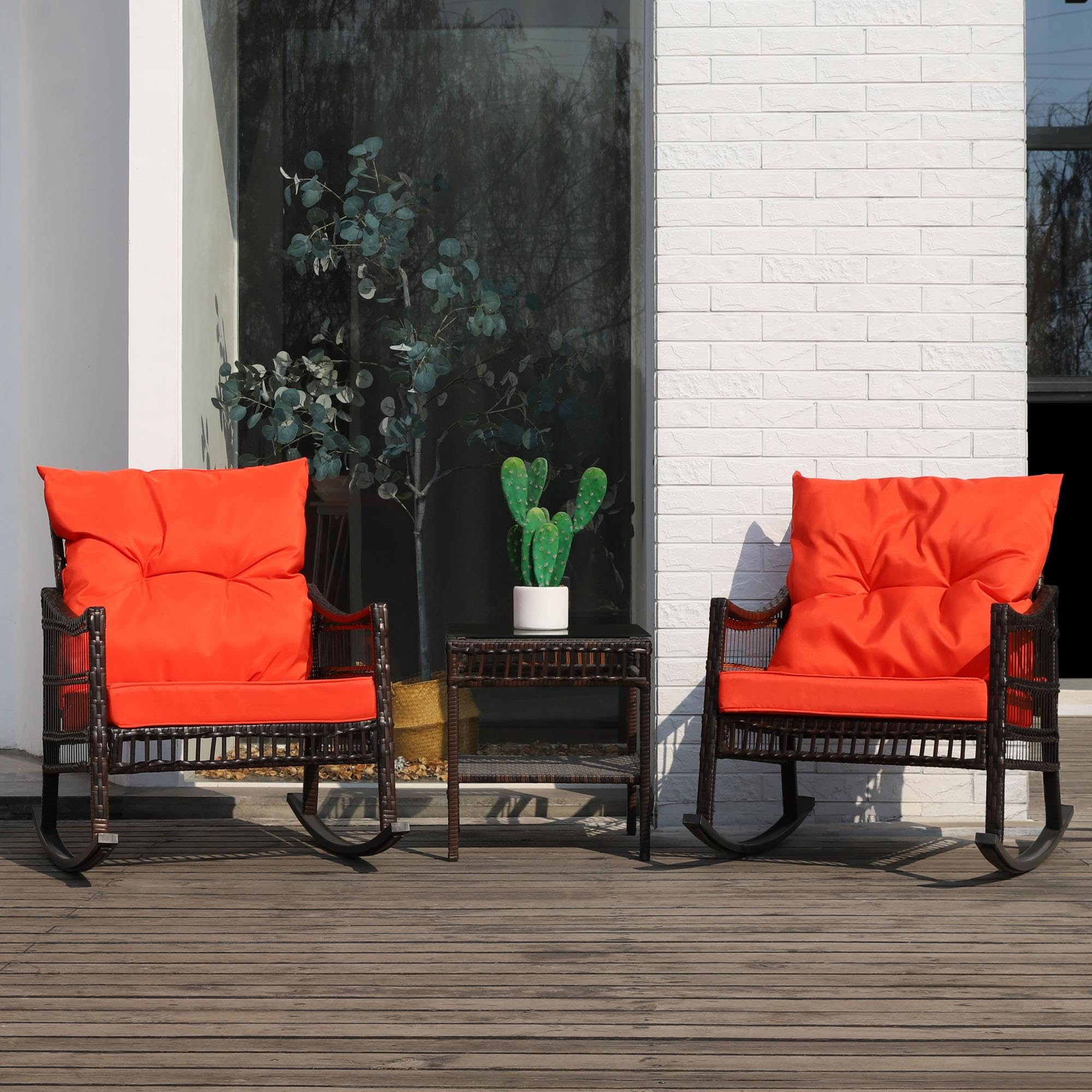 3 Pieces Outdoor Rattan Rocking Bistro Set with Cushions