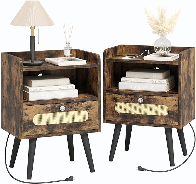 Diamond Décor Nightstands Set of 2 with Charging Station, Rattan Bedside