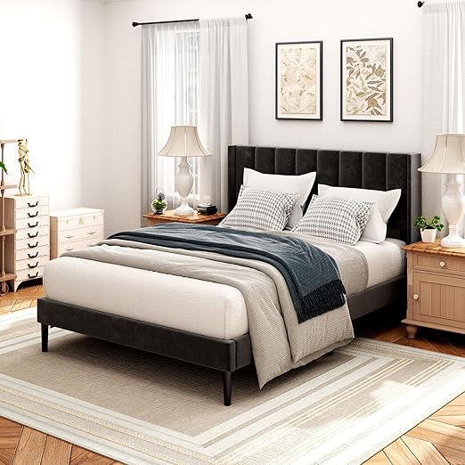 Queen Bed Frame with Headboard,Bed Frame Queen Size Vertical Channel Tufted Wingback No Box Spring Needed, Mattress Foundation, Easy Assembly, Beige