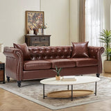 Chesterfield Sofa 83.4 " Faux Leather Couches with Gourd Wooden Legs,