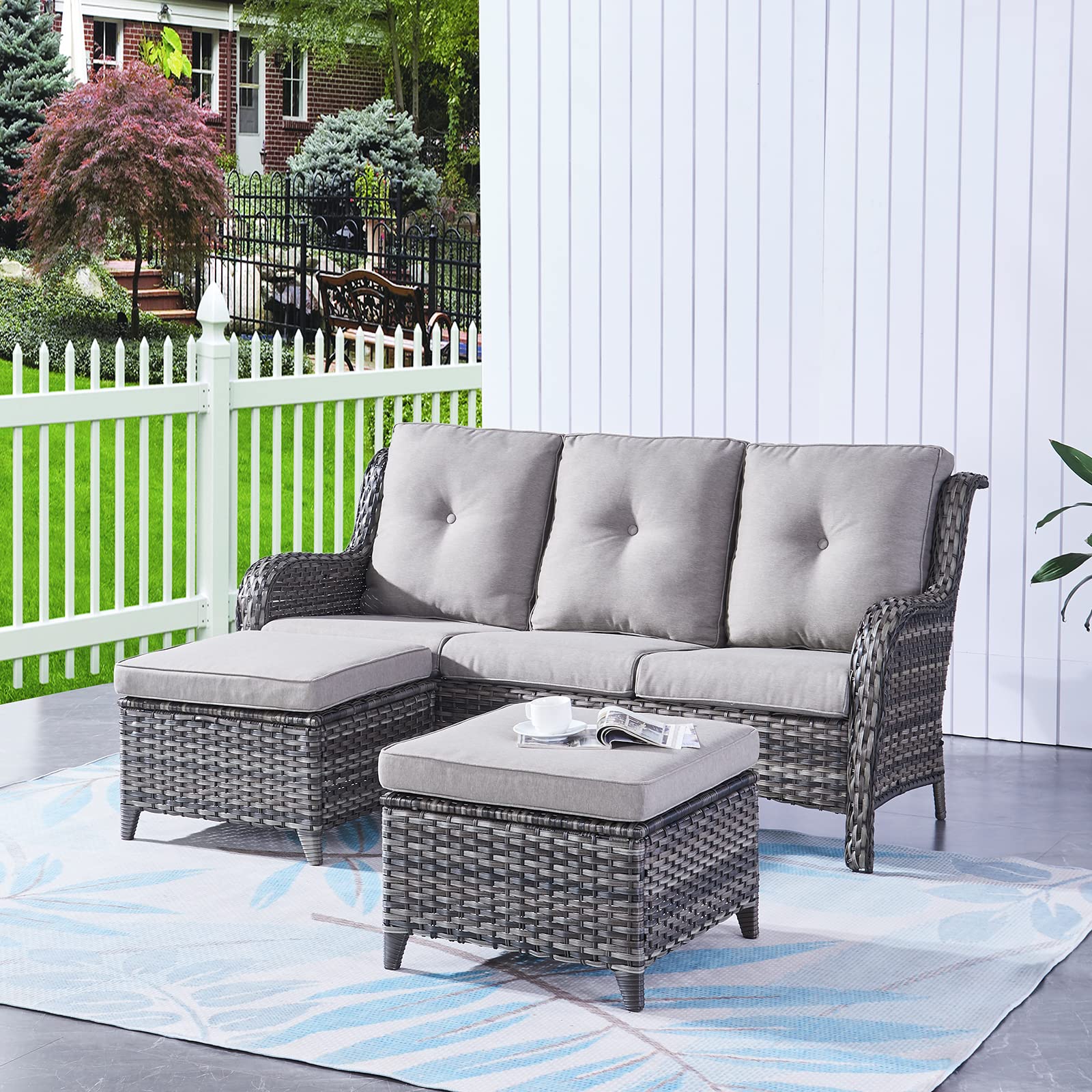 Outdoor Ottomans for Patio Set of 2 PE Wicker Steel Frame Outdoor Footstool for Patio
