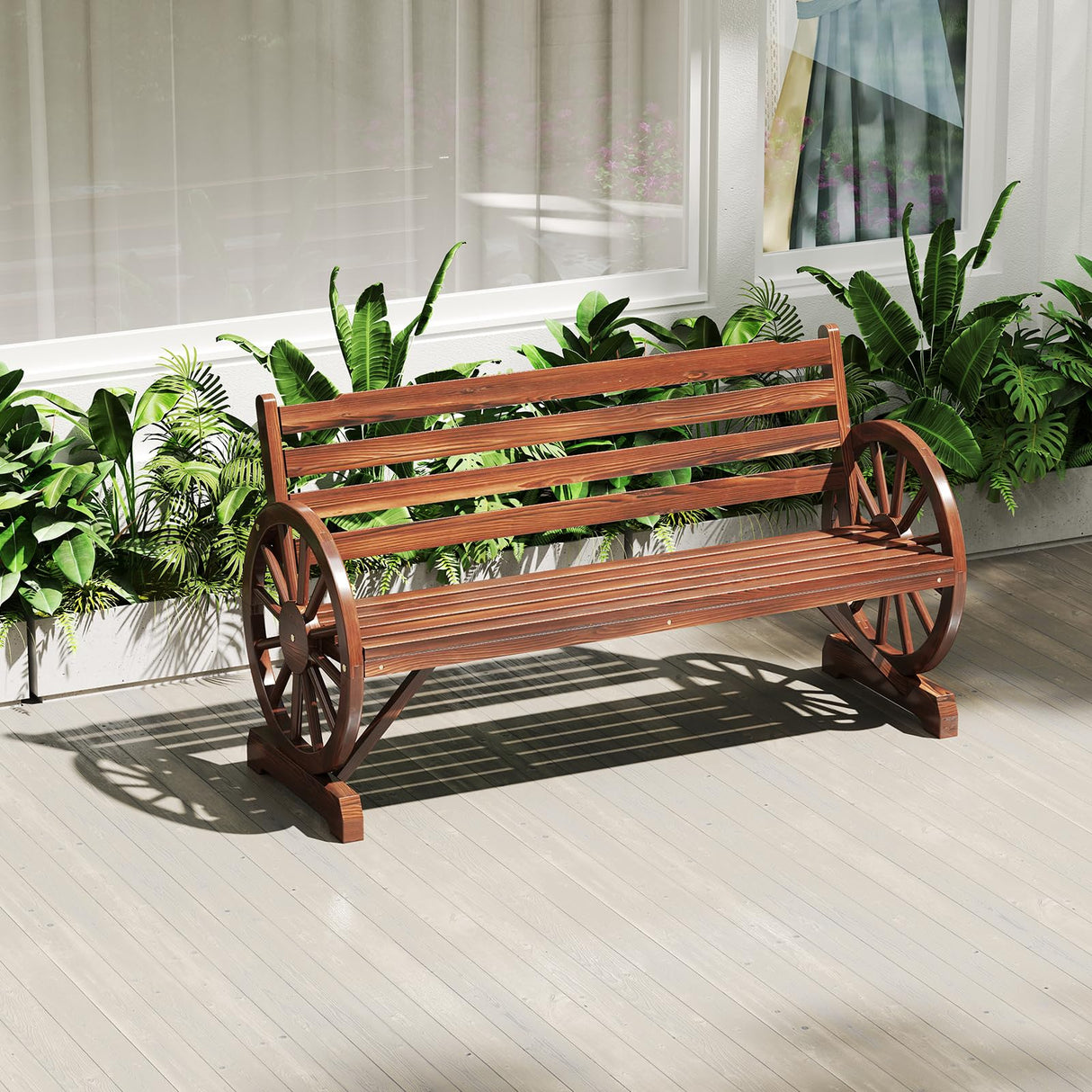 2-Person Rustic Wooden Wheel Bench Wagon Wood Seat