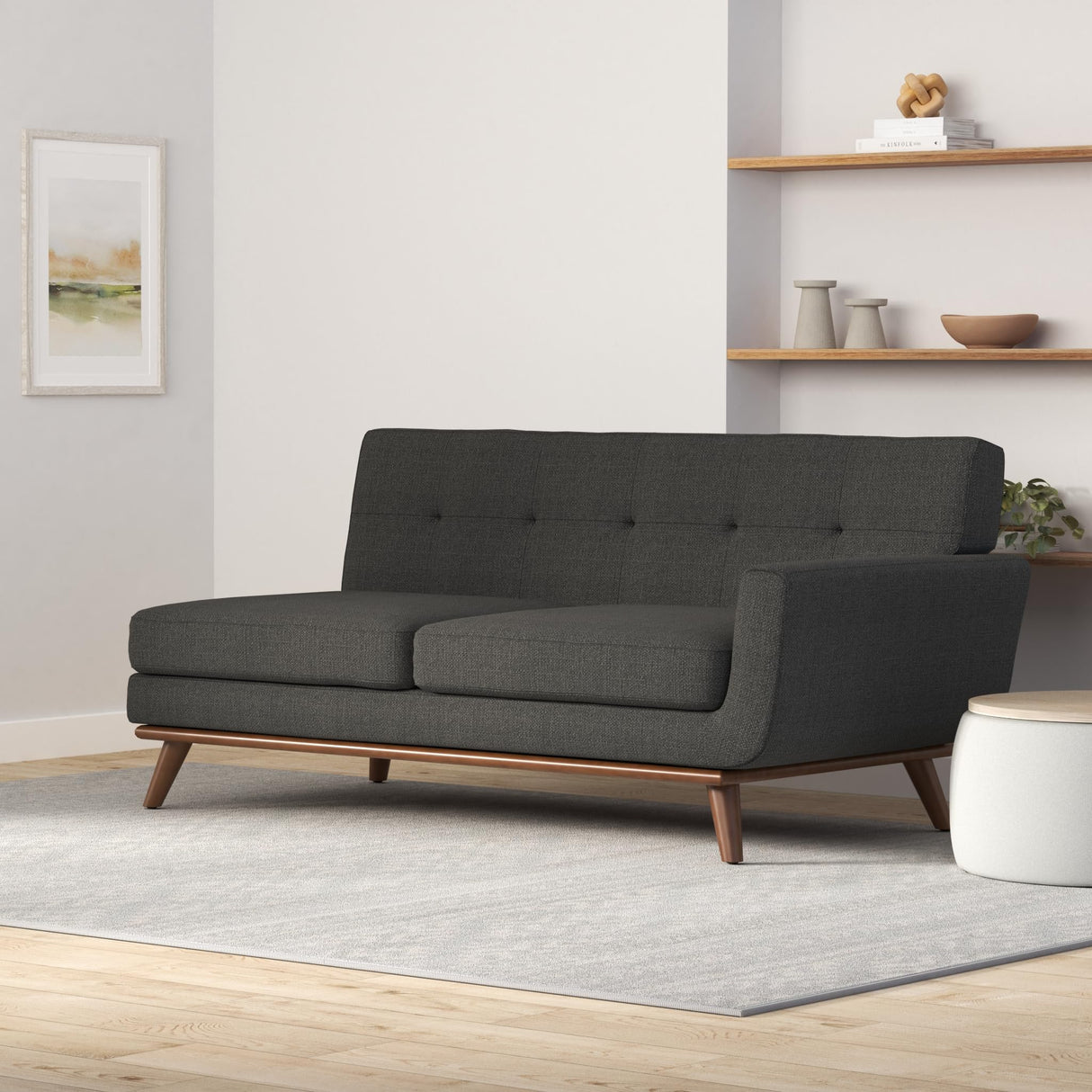 Engage Right Arm Loveseat in Mid-Century Modern Upholstered Fabric Gray