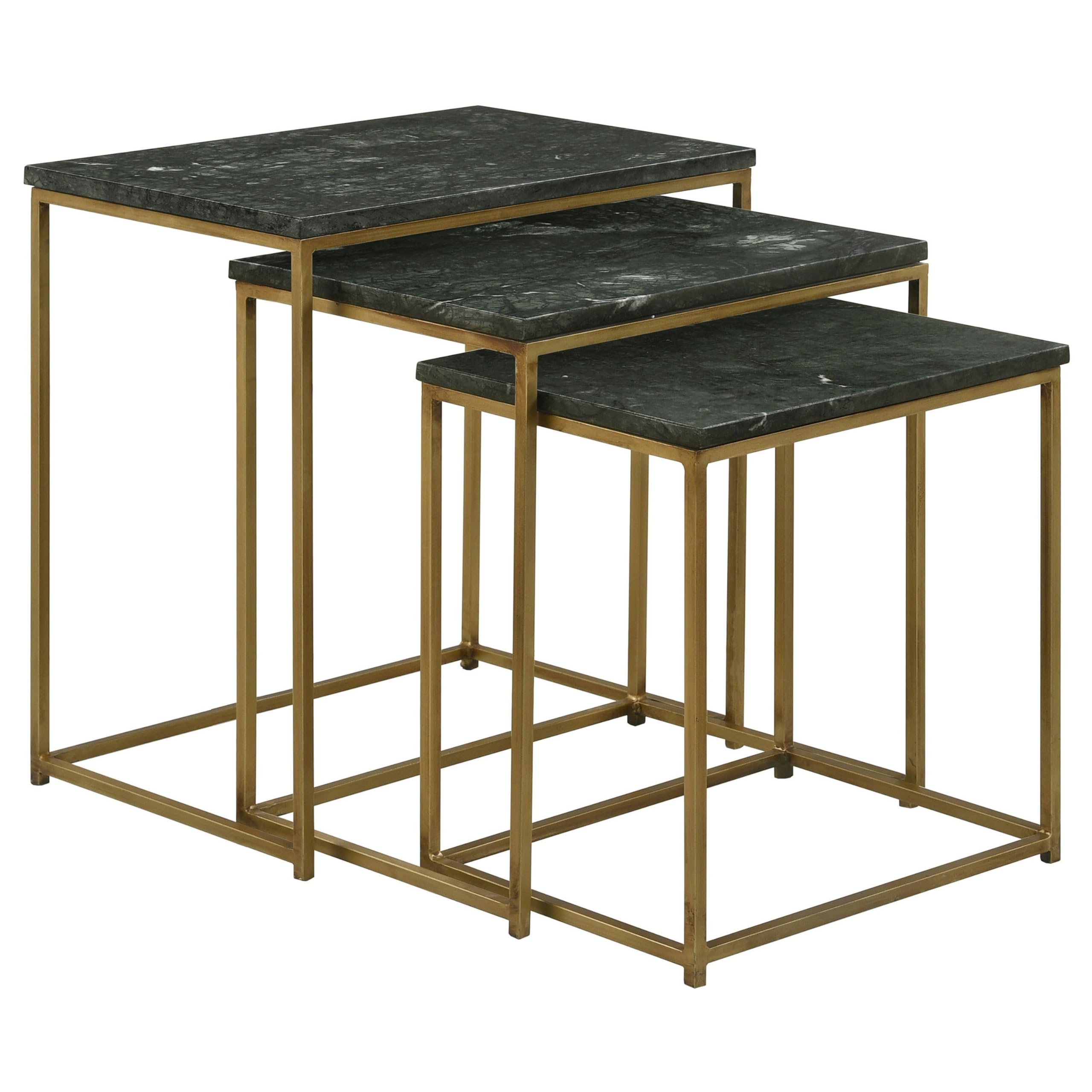 Benjara Agi 3 Piece Nesting Side Table Set, Square Marble, Metal Frame, Green and Gold